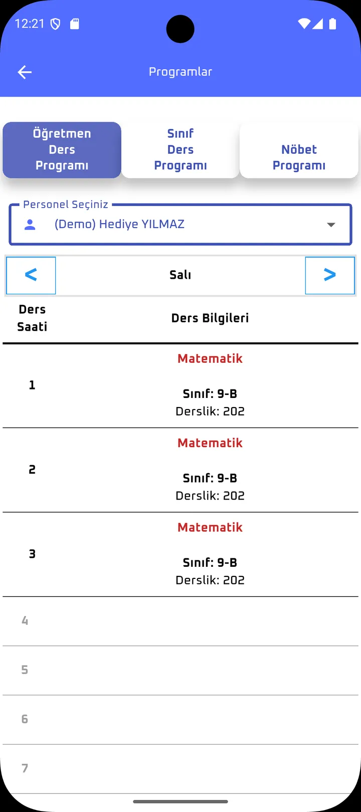 Öğretmen/Sınıf/Nöbet programı